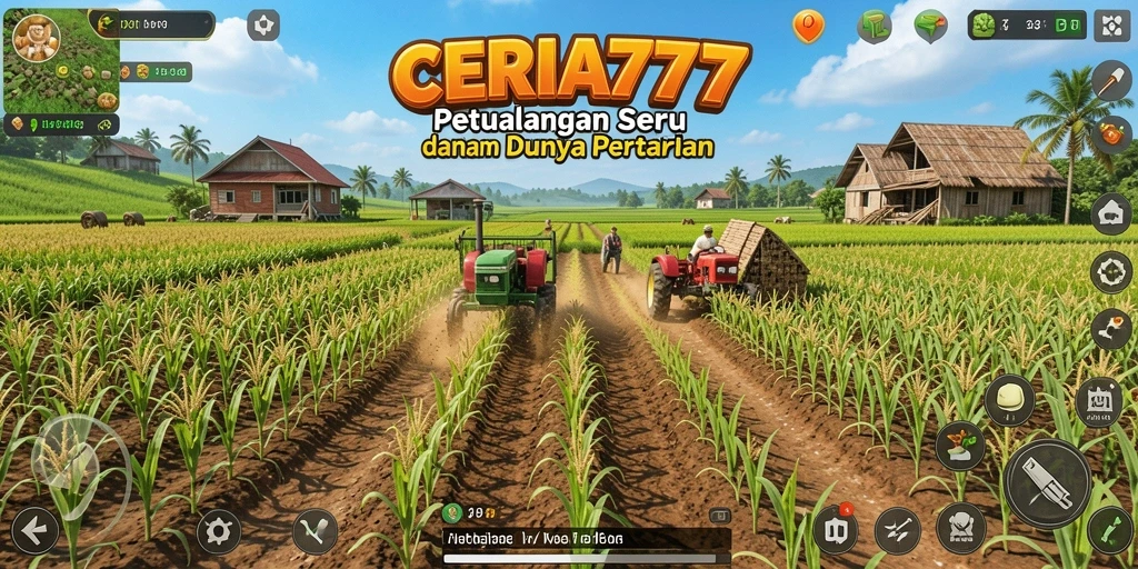 Screenshot gameplay CERIA777 menunjukkan pertanian yang subur dan hewan yang lucu.