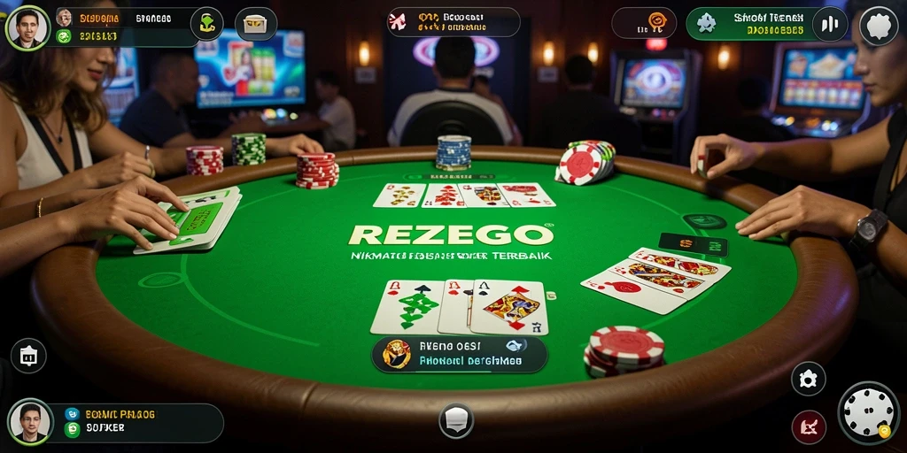 Tampilan aksi seru poker di REZEGO dengan pemain dari seluruh dunia.
