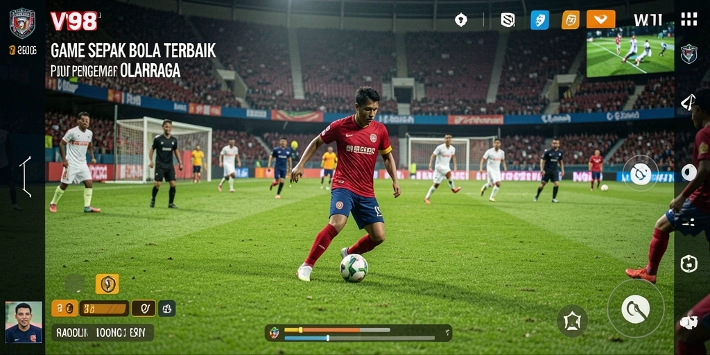 Screenshot gameplay V98 dengan aksi seru di lapangan sepak bola.