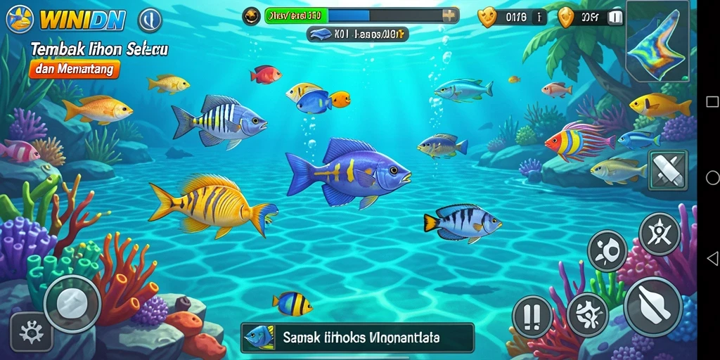 Tampilan gameplay WINIDN yang seru saat menangkap ikan.